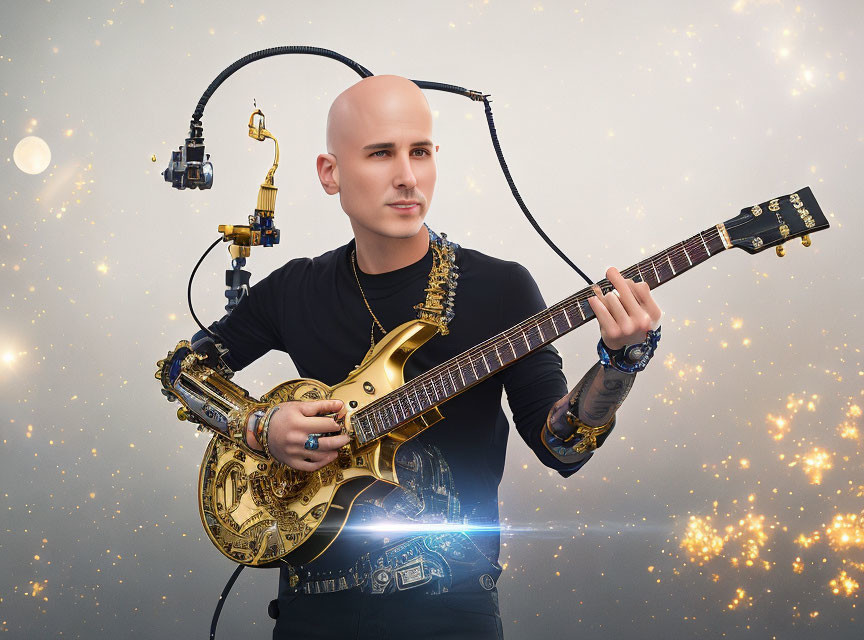 Bald Person Playing Golden Guitar with Cybernetic Arm Enhancements