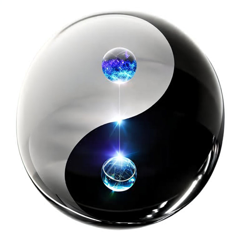 Shiny Yin-Yang Sphere with Blue Core Symbolizing Balance