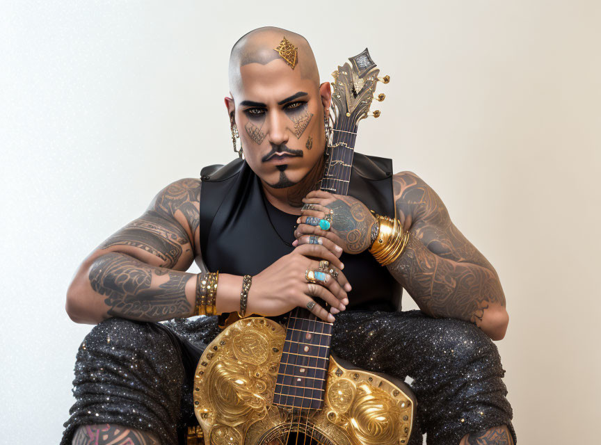 Bald, Tattooed Person with Guitar and Eye Makeup Displays Artistic Confidence