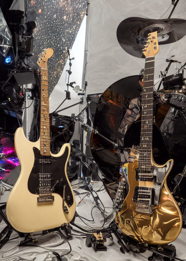 Two Electric Guitars on Stage with Drum Set and Musical Equipment