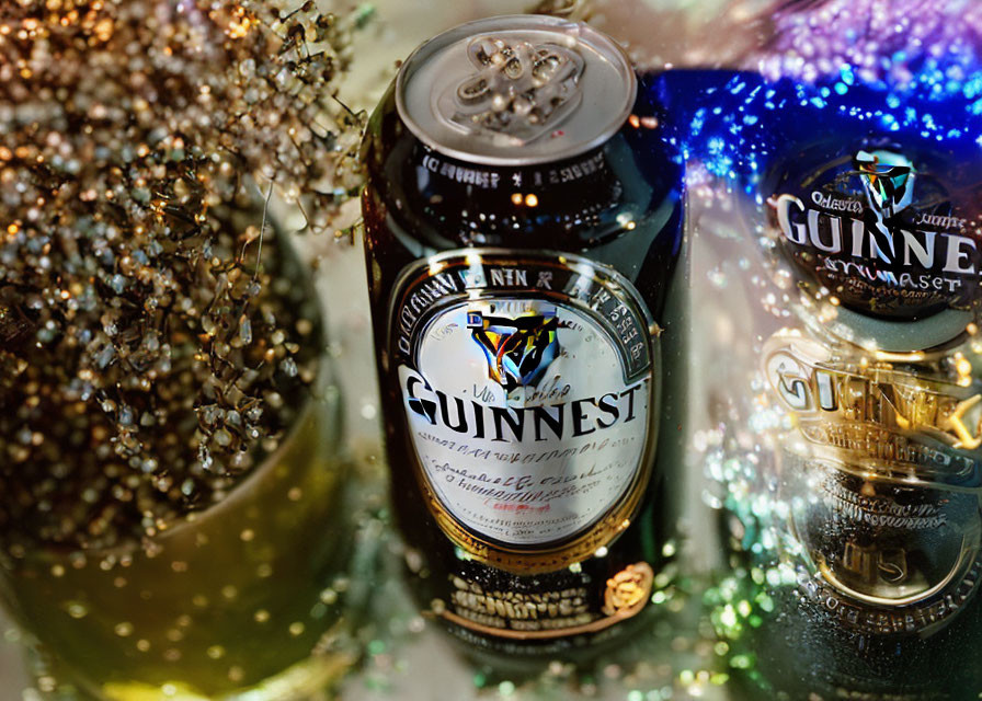 Festive Guinness beer with glittering beads and lights