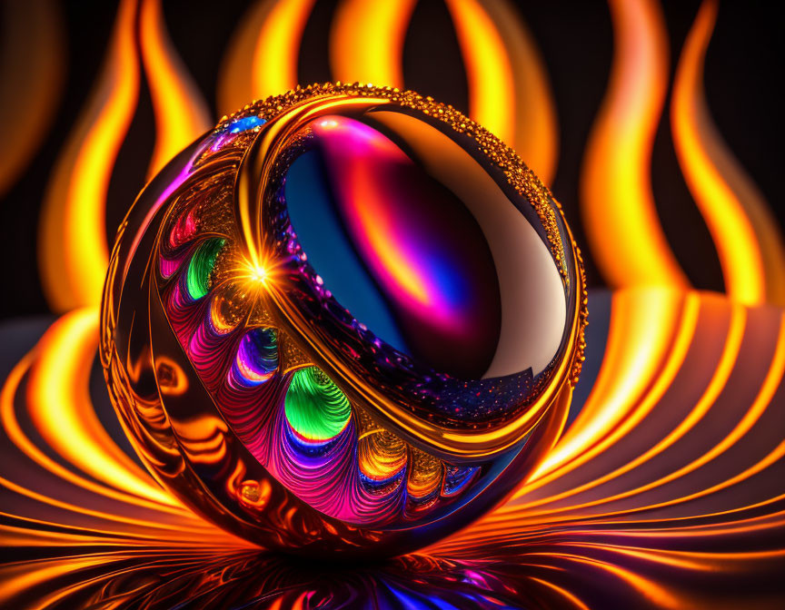 Colorful digital art: glossy orb with rainbow swirls on fiery background