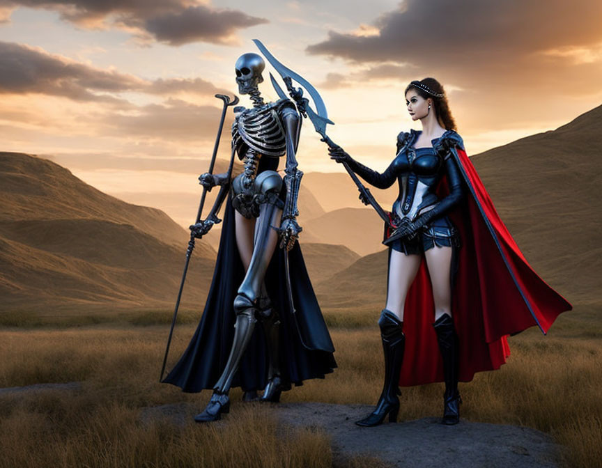 Warrior woman in armor with skeleton warrior against rolling hills and dusky sky