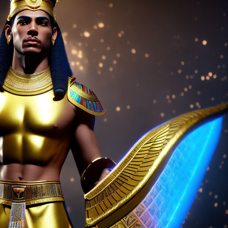 Stylized 3D illustration: Ancient Egyptian warrior in golden armor with blue-glowing weapons