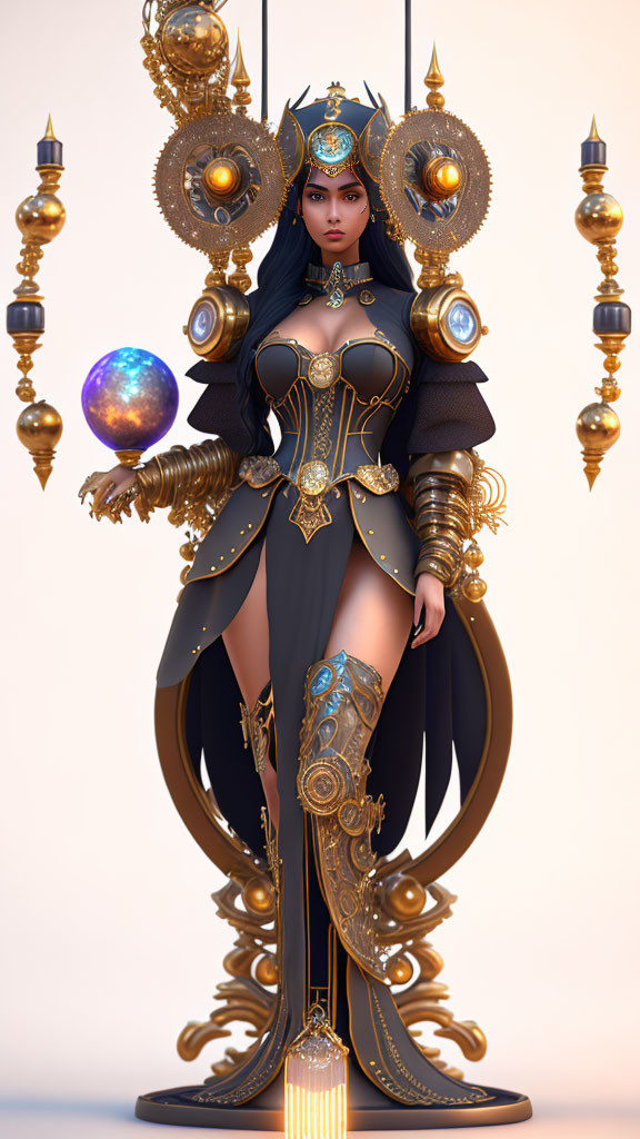 Regal fantasy character in ornate armor with glowing orb and mystical artifacts