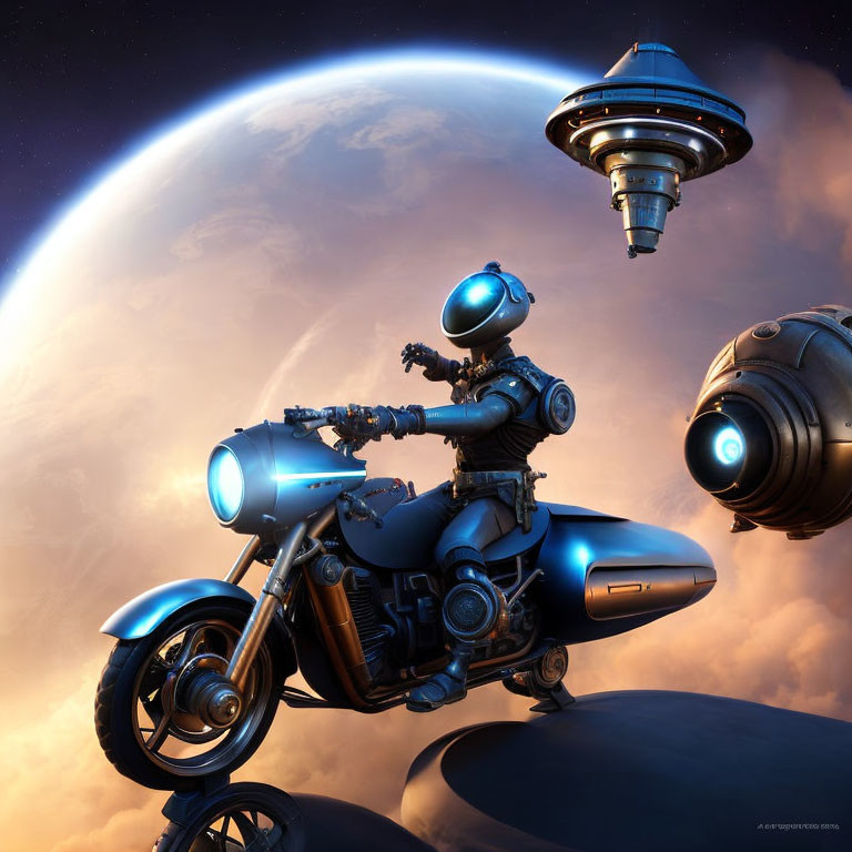 Astronaut on futuristic space motorcycle near giant planet with spherical drone under warm nebula sky