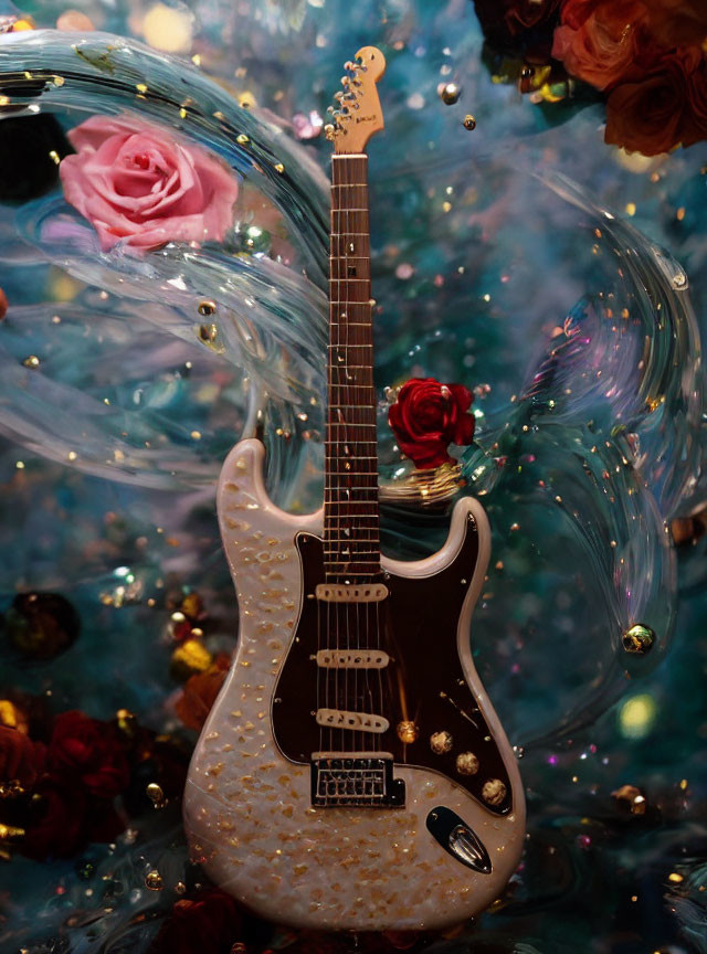 Floral Pattern Electric Guitar on Dark Background