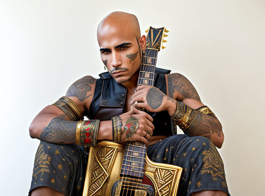 Bald Person with Tattoos Holding Ornate Guitar