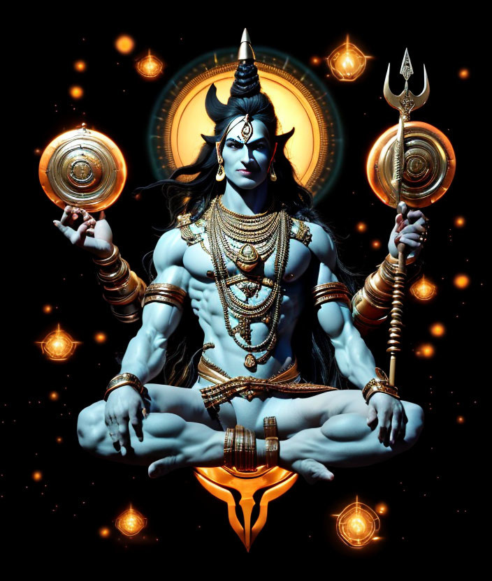 Lord Shiva meditating with four arms and trident in cosmic setting