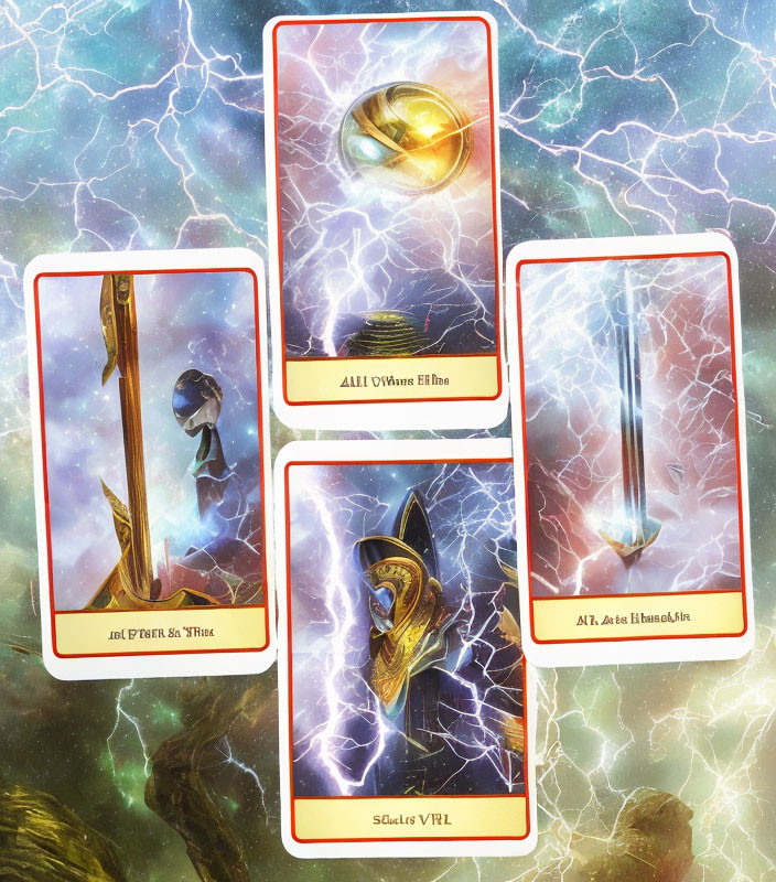 Fantasy-themed tarot cards: Golden ring, portal gazer, lightning sword