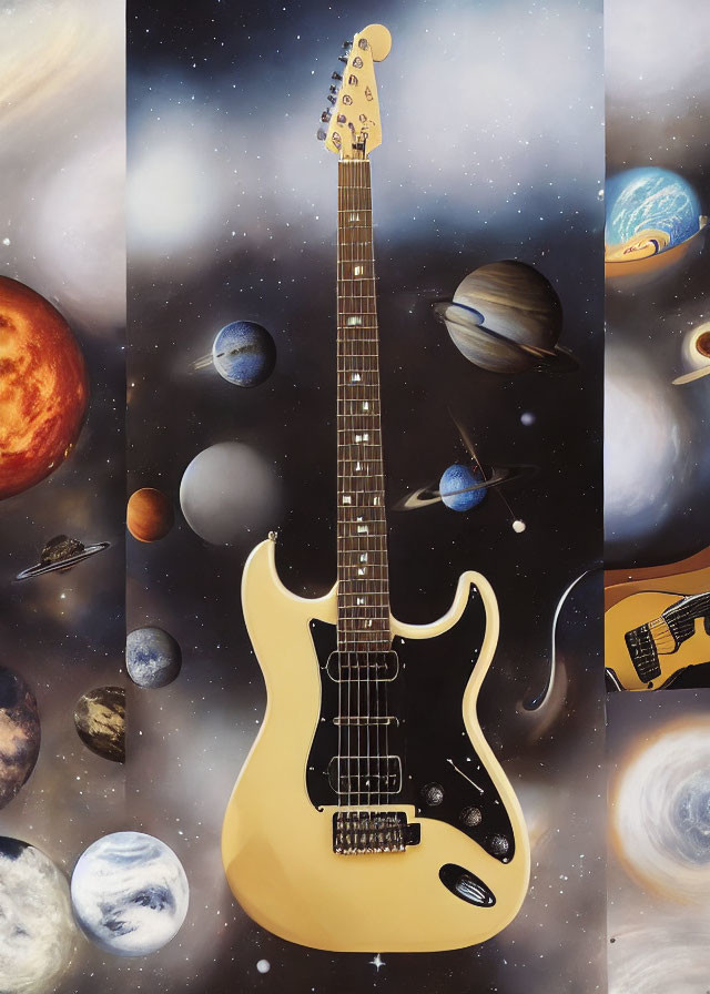 Electric guitar on cosmic background with planets and stars