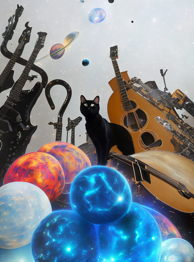 Black Cat on Celestial Orbs with Floating Guitars in Cosmic Space