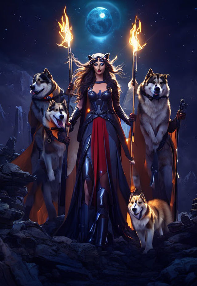 Fantasy art: Woman in armor with staff, surrounded by huskies and torches under moon