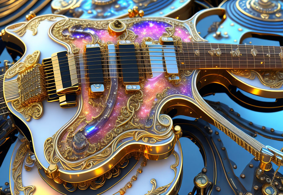 Golden Guitar with Cosmic Artwork and Mechanical Gears Background