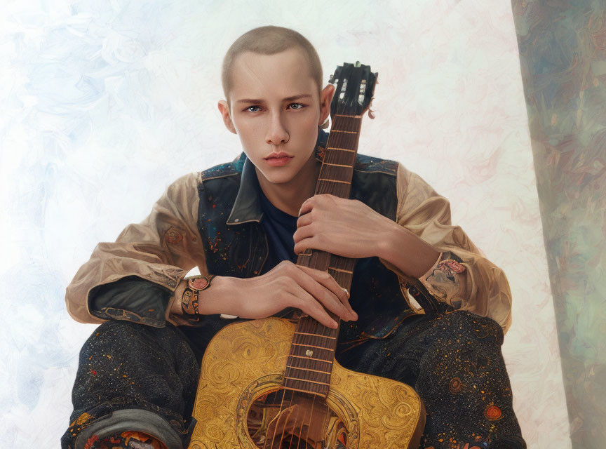 Shaved Head Person Holding Ornate Guitar in Embroidered Jacket