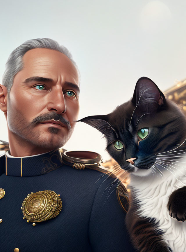 Illustrated portrait of distinguished man in military uniform with gray hair next to black and white cat.