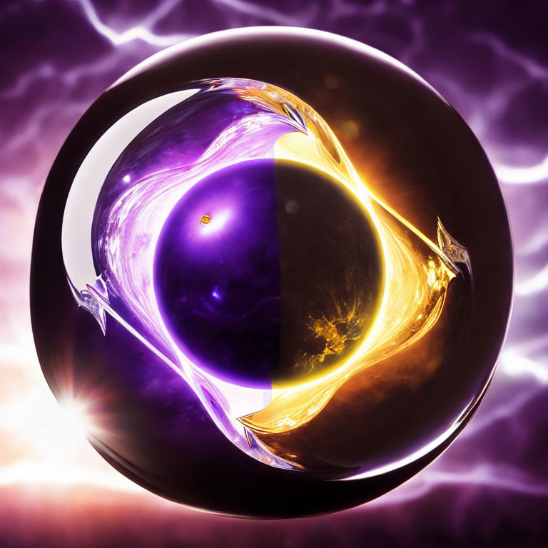 Surreal purple and gold orb on vibrant lightning backdrop