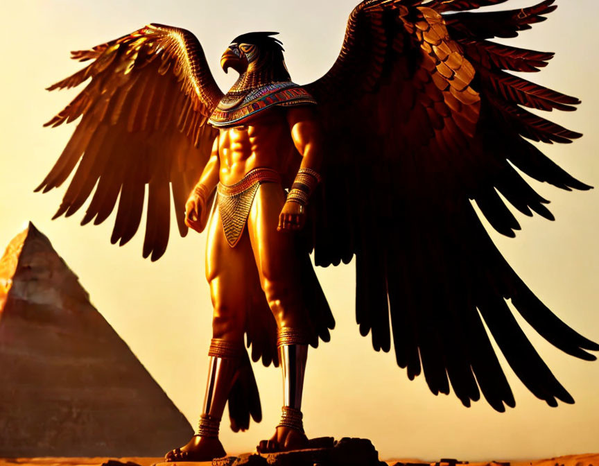 Egyptian god Horus with falcon head and pyramid silhouette at sunset