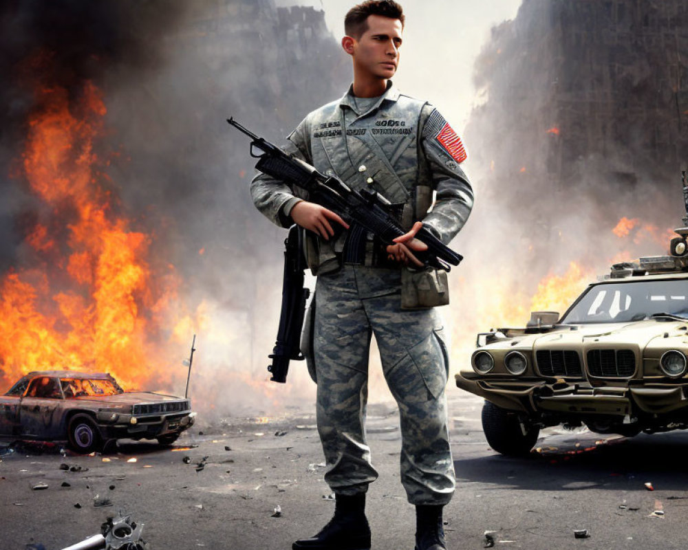 Soldier in uniform with rifle in chaotic, war-torn setting