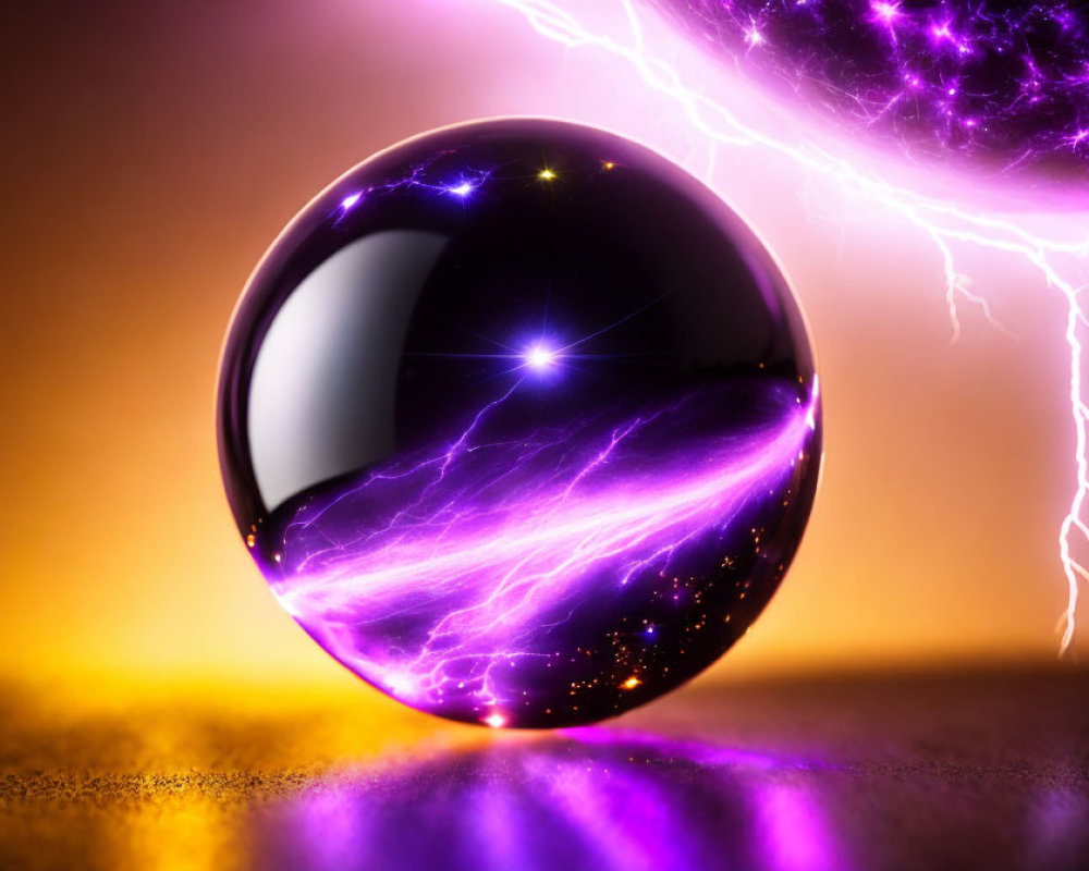 Reflective black sphere with purple lightning bolts on amber background