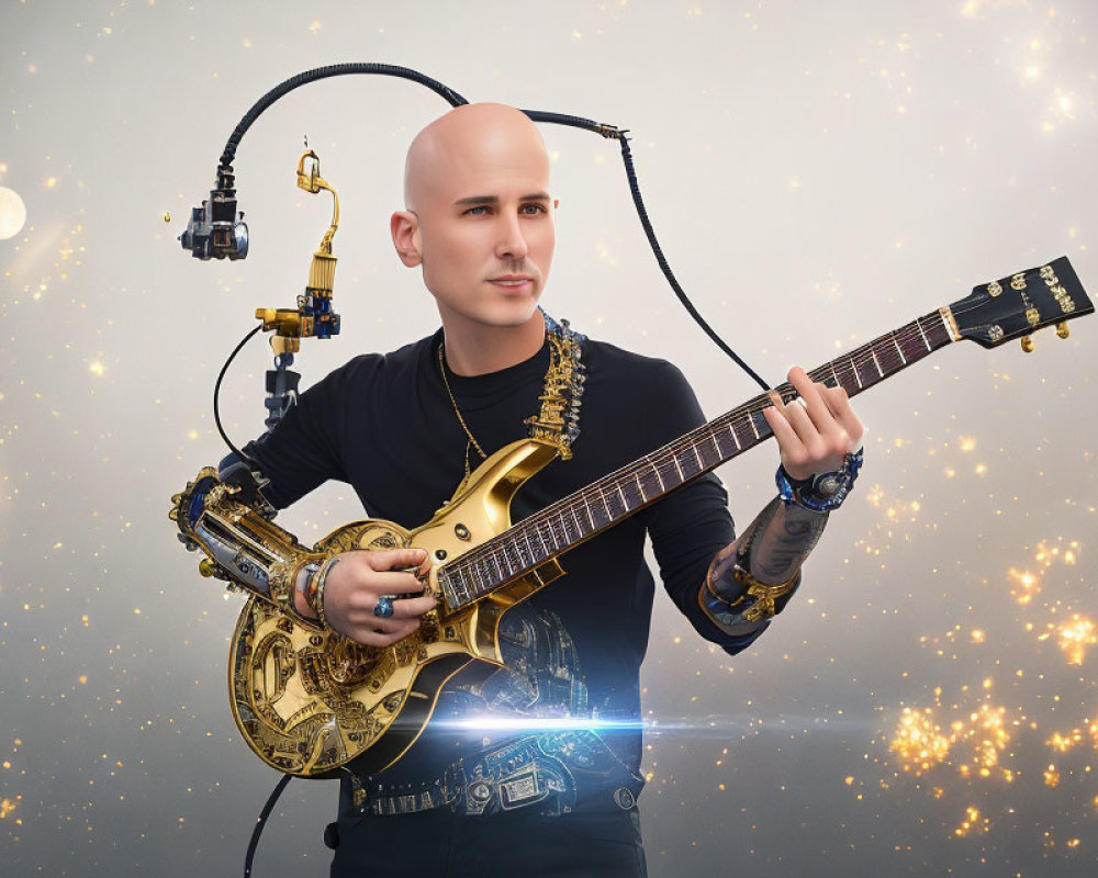 Bald Person Playing Golden Guitar with Cybernetic Arm Enhancements