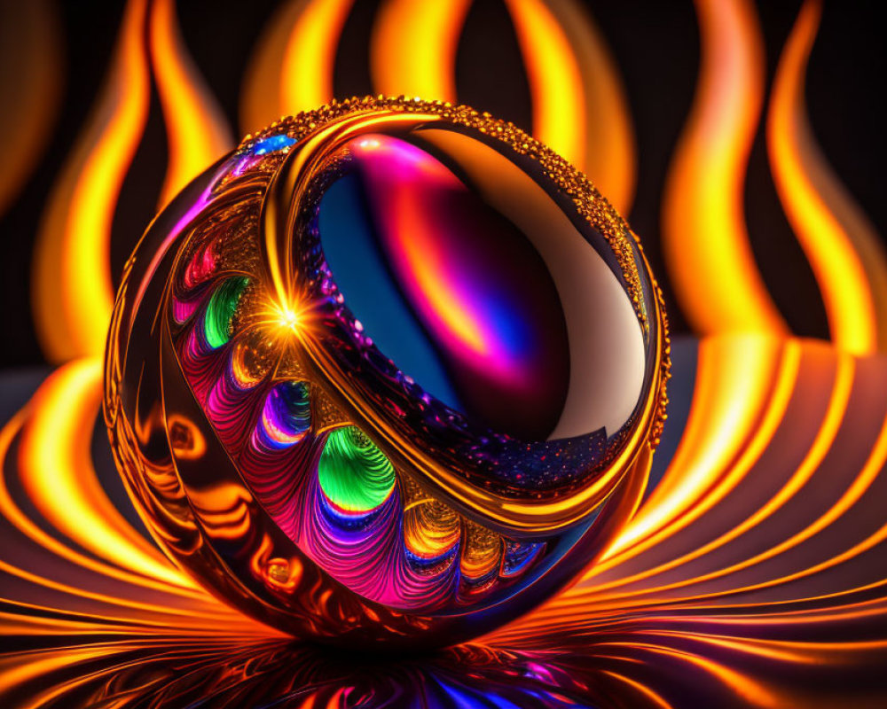 Colorful digital art: glossy orb with rainbow swirls on fiery background