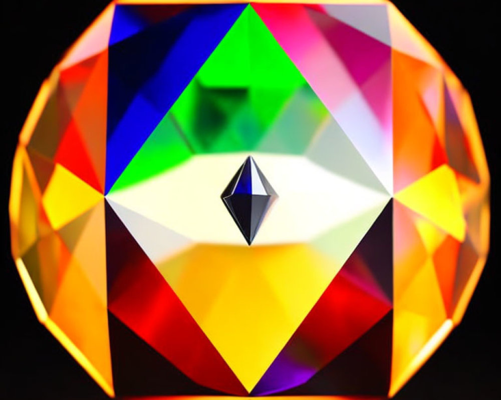 Multifaceted Gemstone with Colorful Kaleidoscope Pattern on Black Background