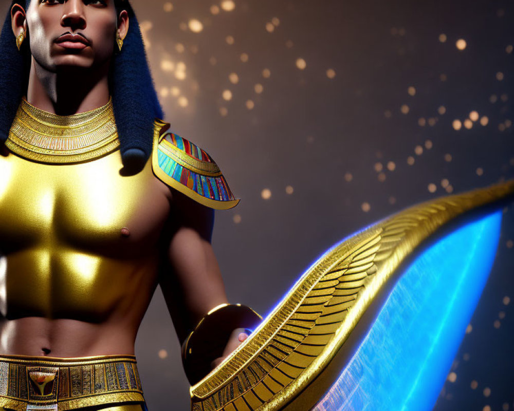 Stylized 3D illustration: Ancient Egyptian warrior in golden armor with blue-glowing weapons