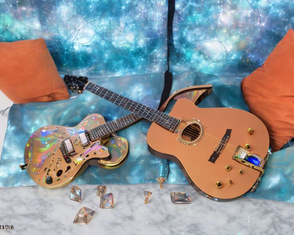 Glittery electric guitars on galaxy-themed couch with gemstones and tape cassette