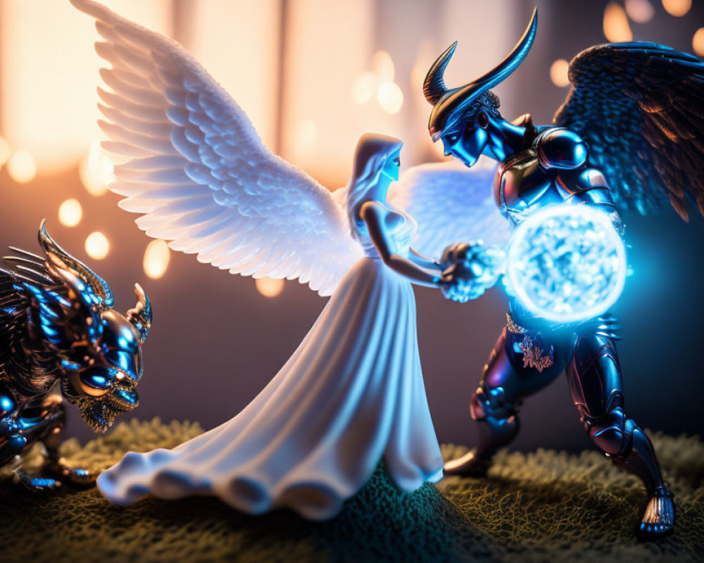 White-winged angel confronts blue-orb warrior in dramatic scene with horned creature.