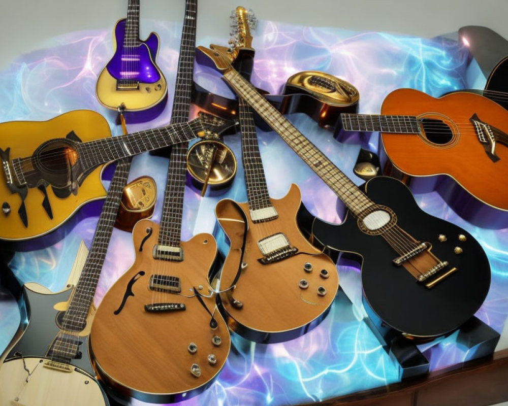 Assorted Guitars and Banjo in Different Designs on Blue Background