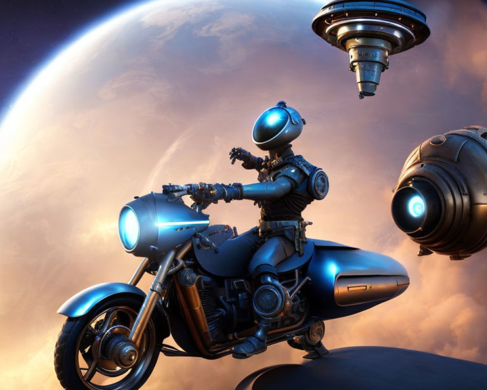 Astronaut on futuristic space motorcycle near giant planet with spherical drone under warm nebula sky