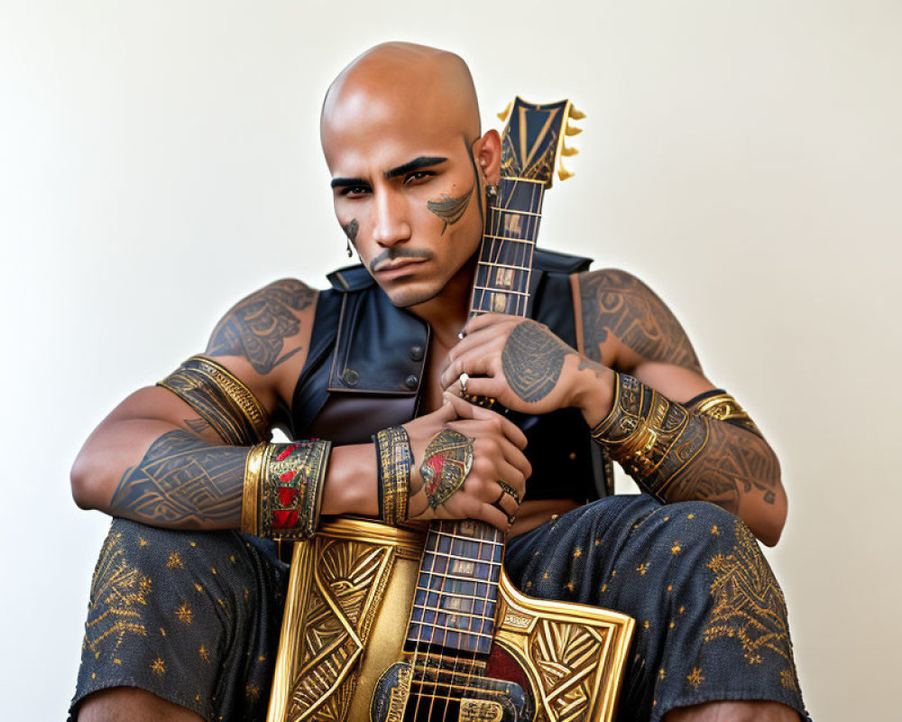 Bald Person with Tattoos Holding Ornate Guitar