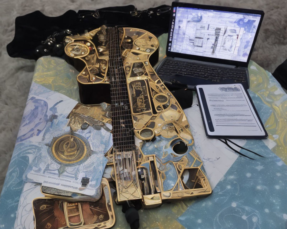 Golden Guitar and Blueprints on Laptop with Sketches and Writing Tablet on Patterned Blanket