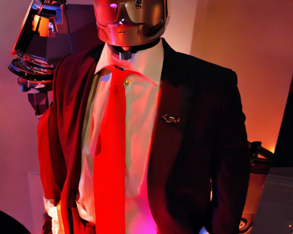 Gold-helmeted humanoid robot in black suit with red tie and visor, arm raised under red