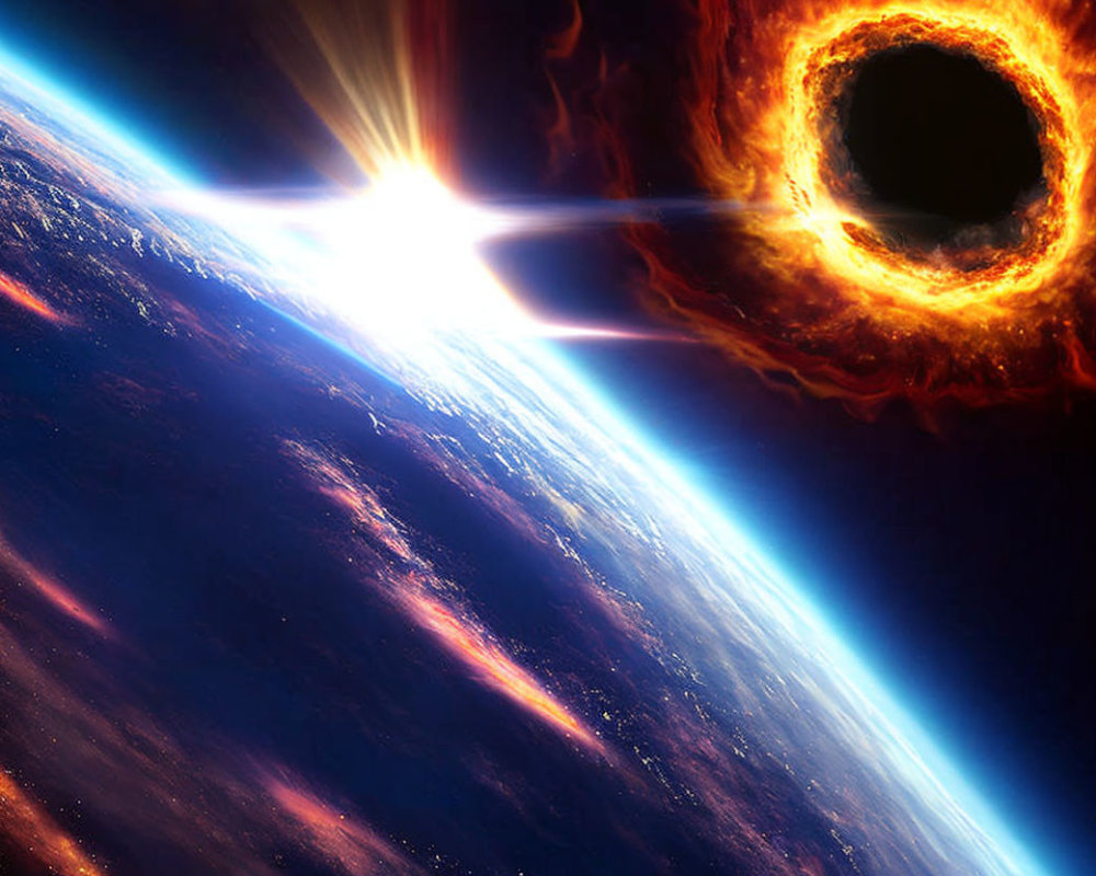 Digital artwork: Black hole absorbing light from nearby star with vivid blue planet in foreground