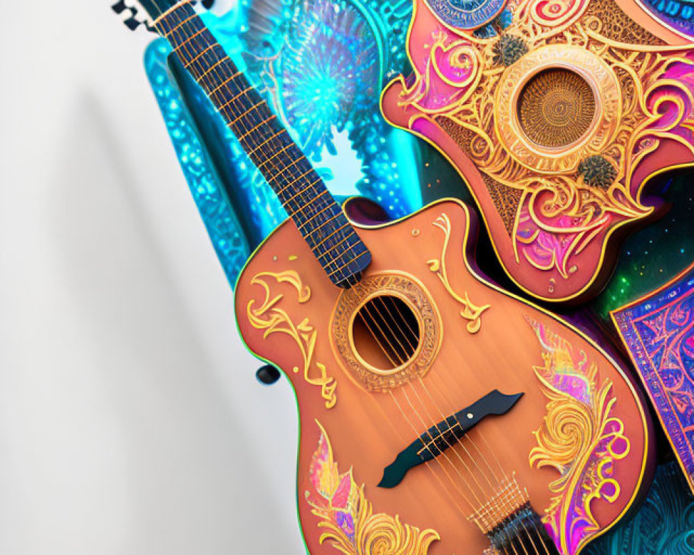 Colorful Floral Pattern Guitar in Blue and Gold