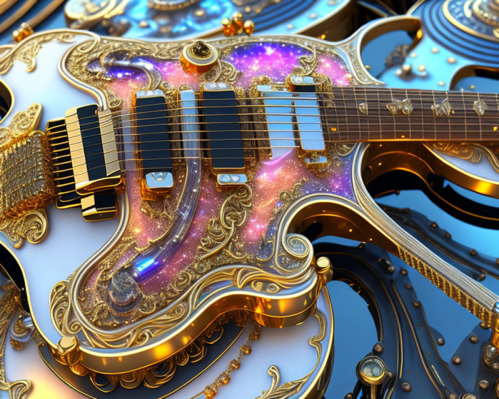 Golden Guitar with Cosmic Artwork and Mechanical Gears Background