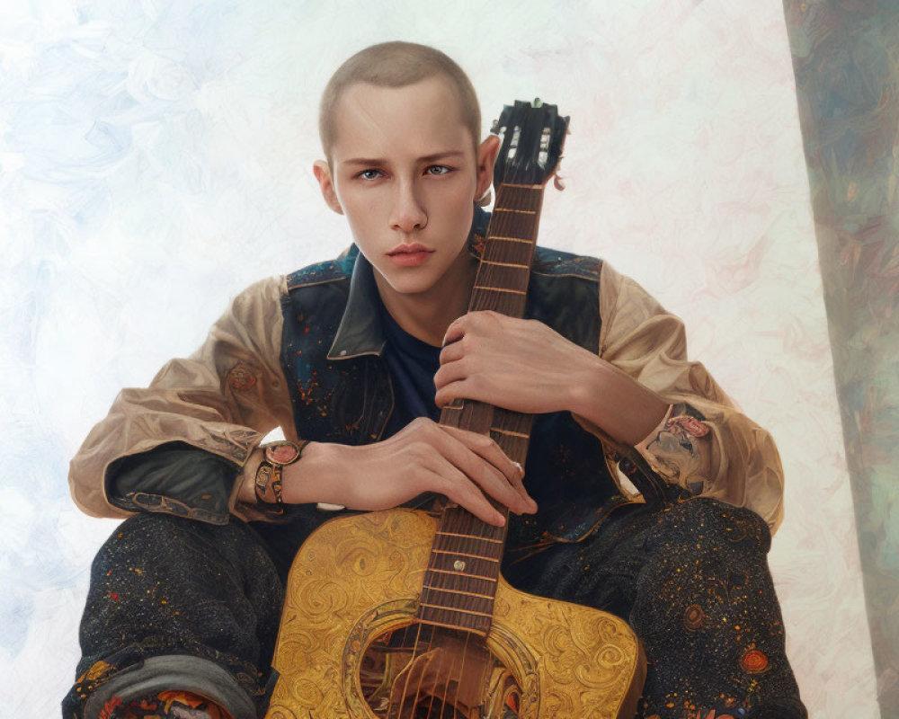 Shaved Head Person Holding Ornate Guitar in Embroidered Jacket