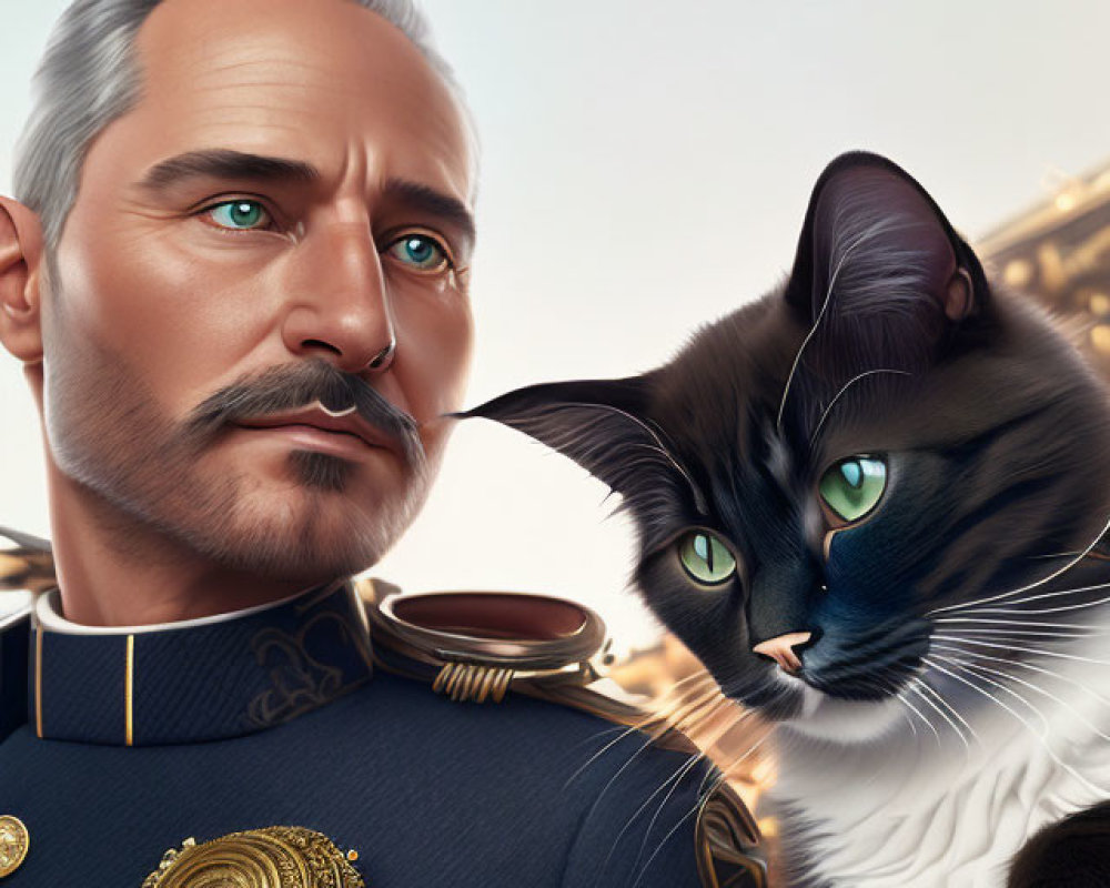 Illustrated portrait of distinguished man in military uniform with gray hair next to black and white cat.