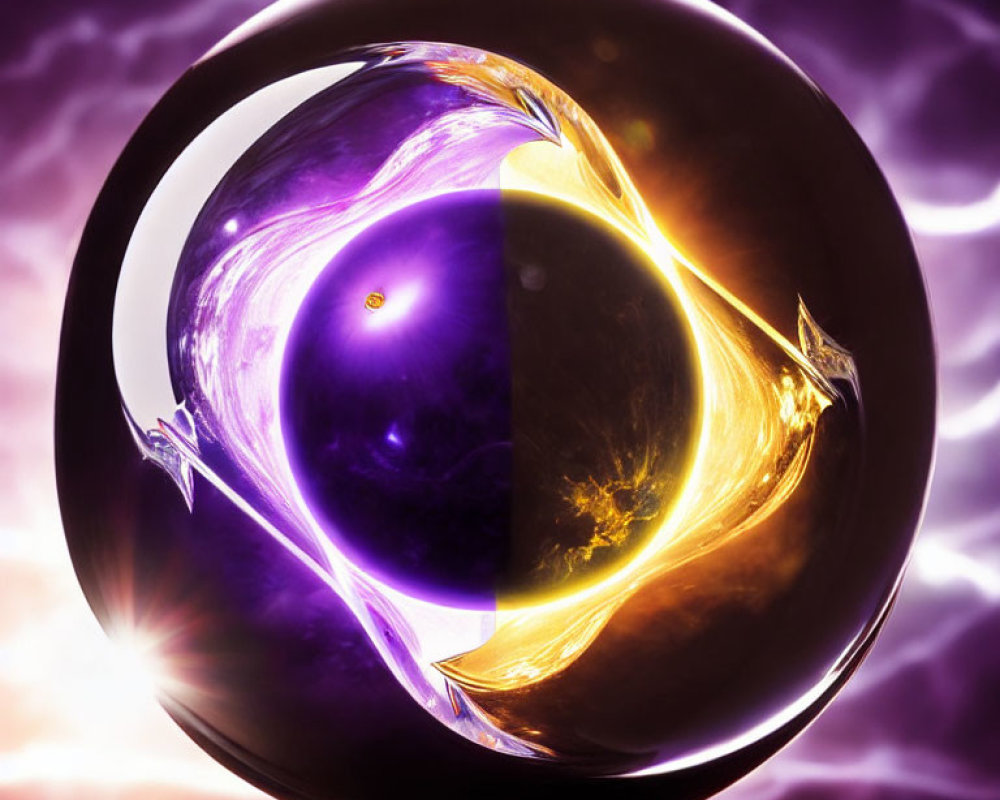 Surreal purple and gold orb on vibrant lightning backdrop