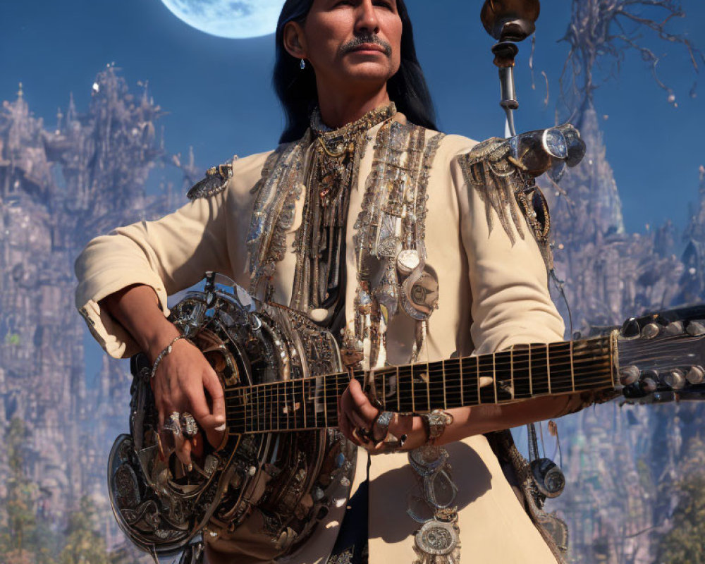 Man with long black hair playing ornate guitar in front of gothic castle under moon