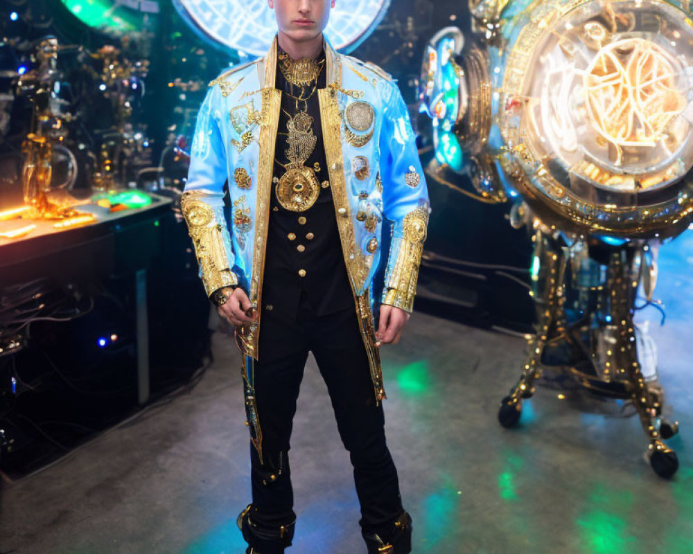 Bald Person in Gold and Blue Jacket Surrounded by Mechanical Devices