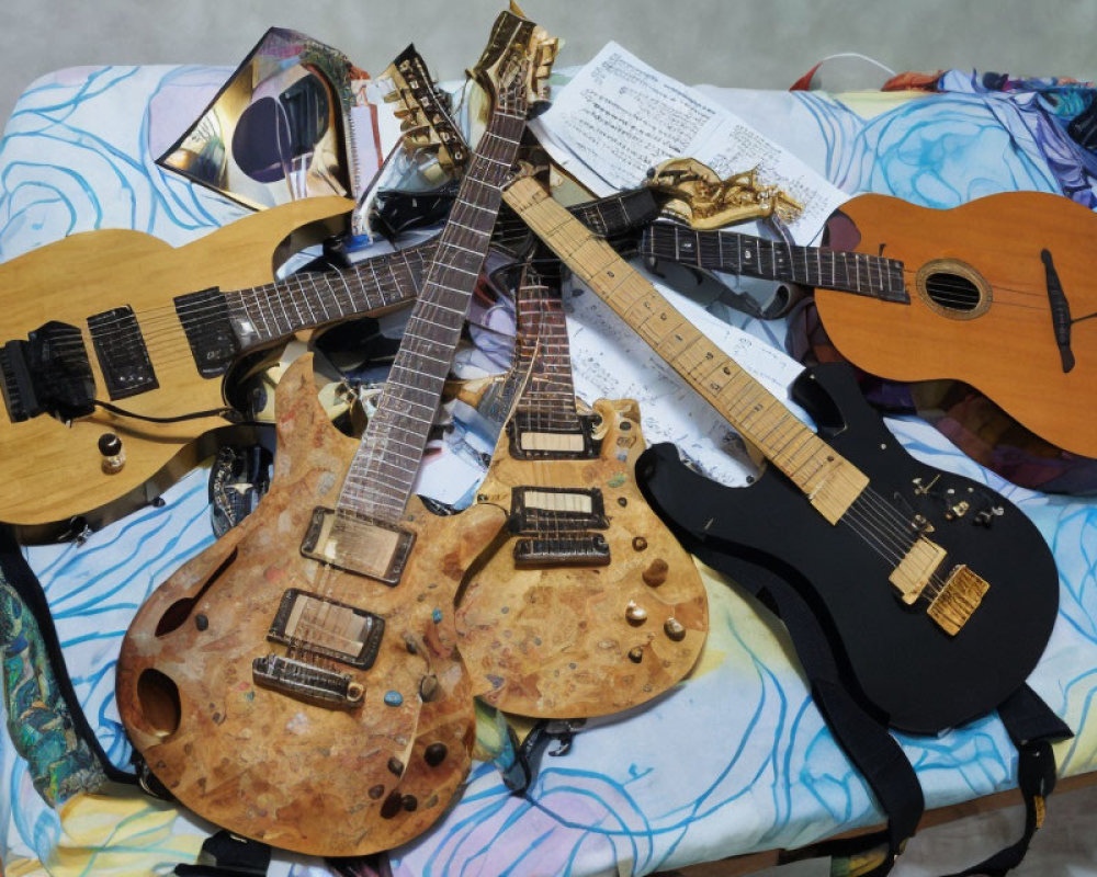 Assorted guitars and sheet music on bed.