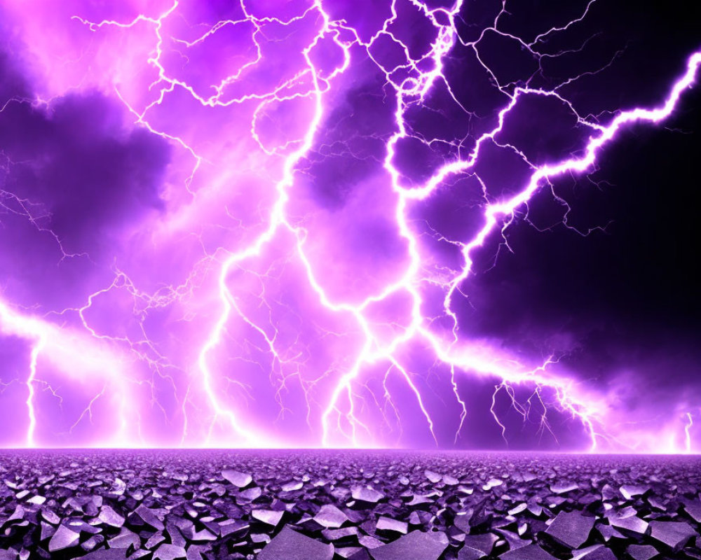 Intense Purple Sky with Lightning Bolts Striking Shattered Ground