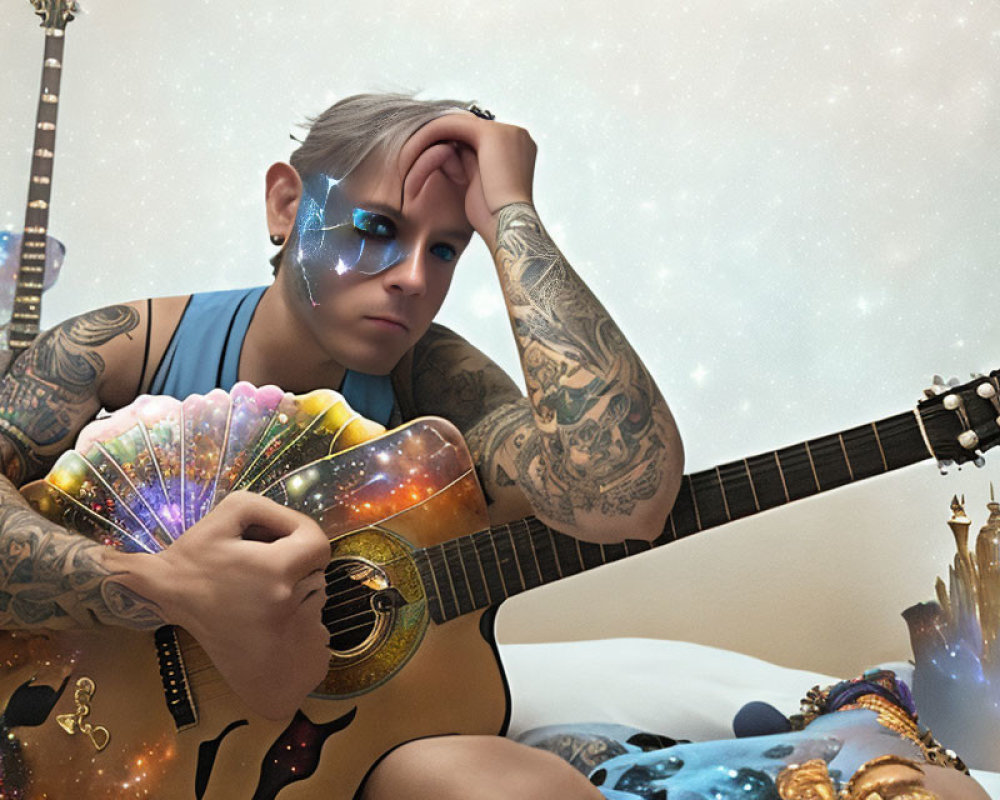 Tattooed person with blue face paint and guitar in cosmic setting