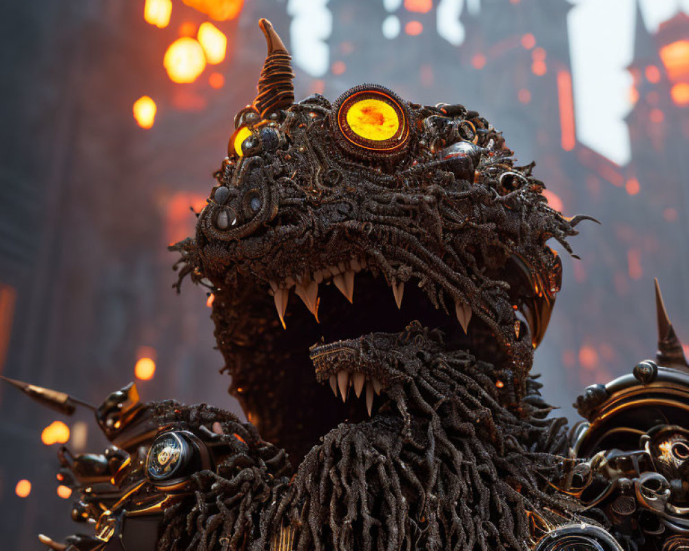 Sharp-toothed fantasy creature with glowing orange eye in industrial setting with fiery castle.