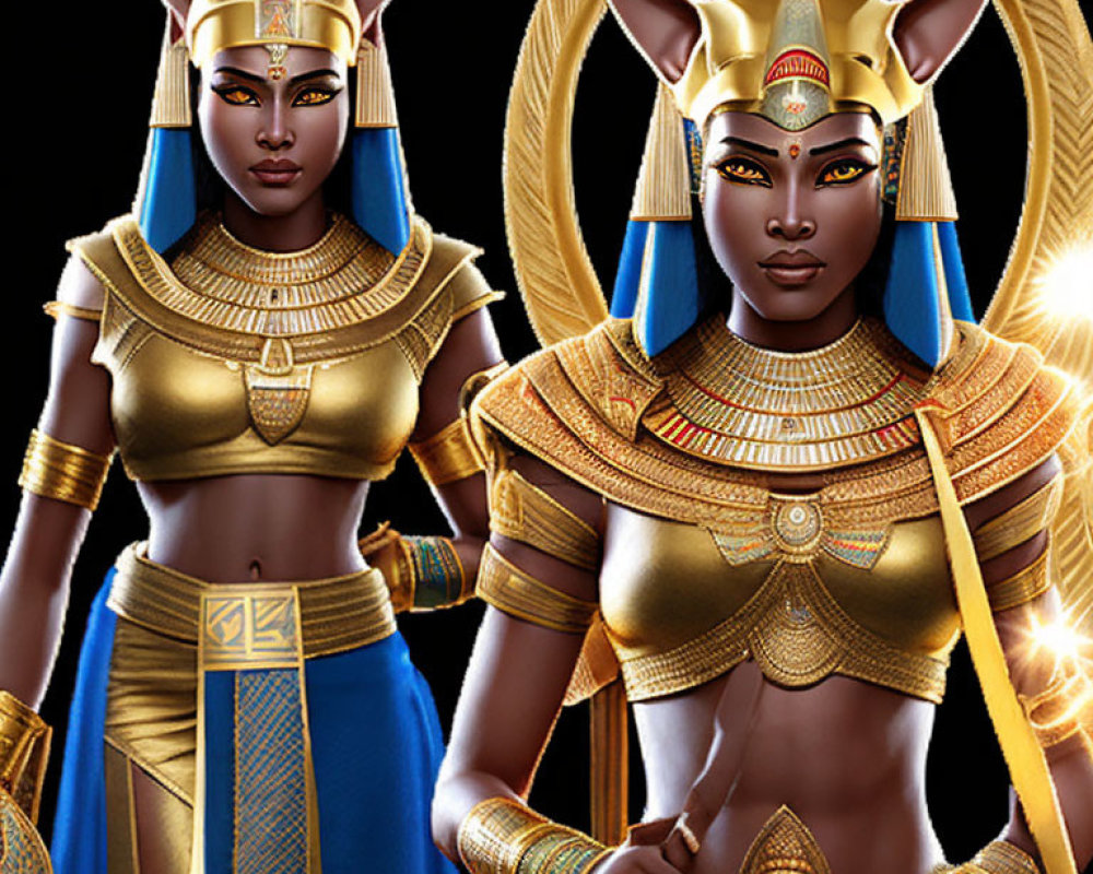 Stylized digital illustrations of woman in Egyptian regalia on black background