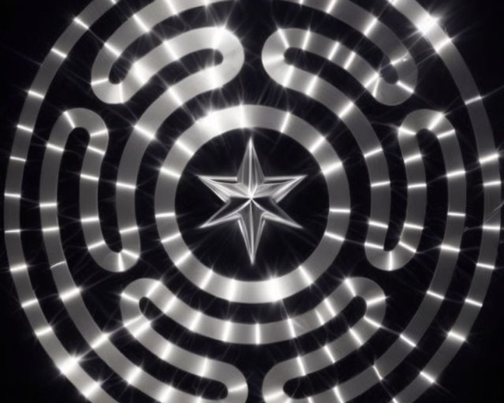 Monochrome digital art of glowing circular maze with central star