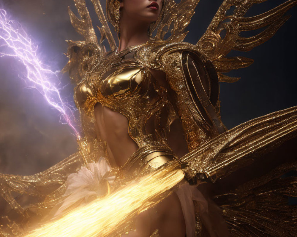 Golden armored figure with wings wields glowing sword under dramatic lightning